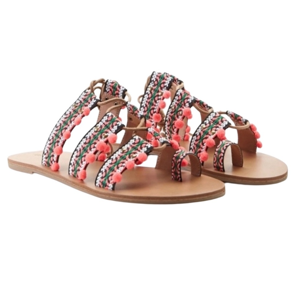 NWT Forever 21 Size 9 Embroidered Pompom Lace Up Sandals